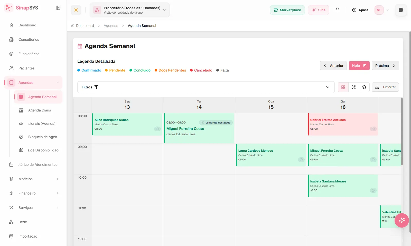 Agenda semanal do SinapSYS com horários, pacientes e status dos atendimentos