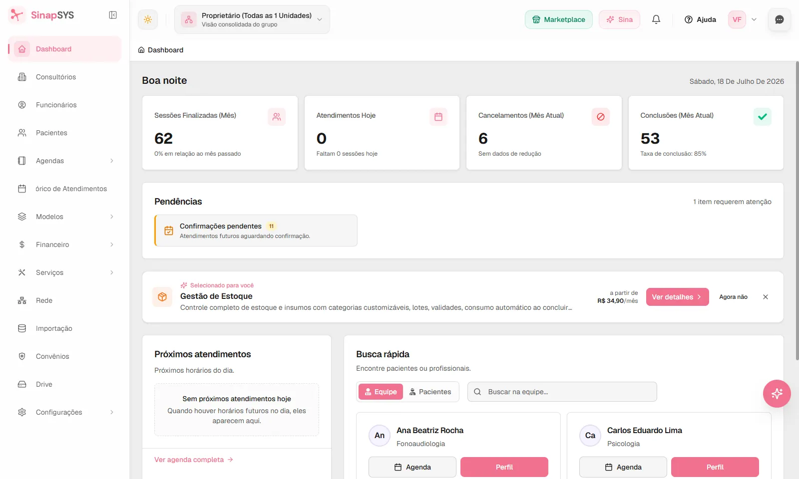 Dashboard do SinapSYS com indicadores de agenda e operação da clínica