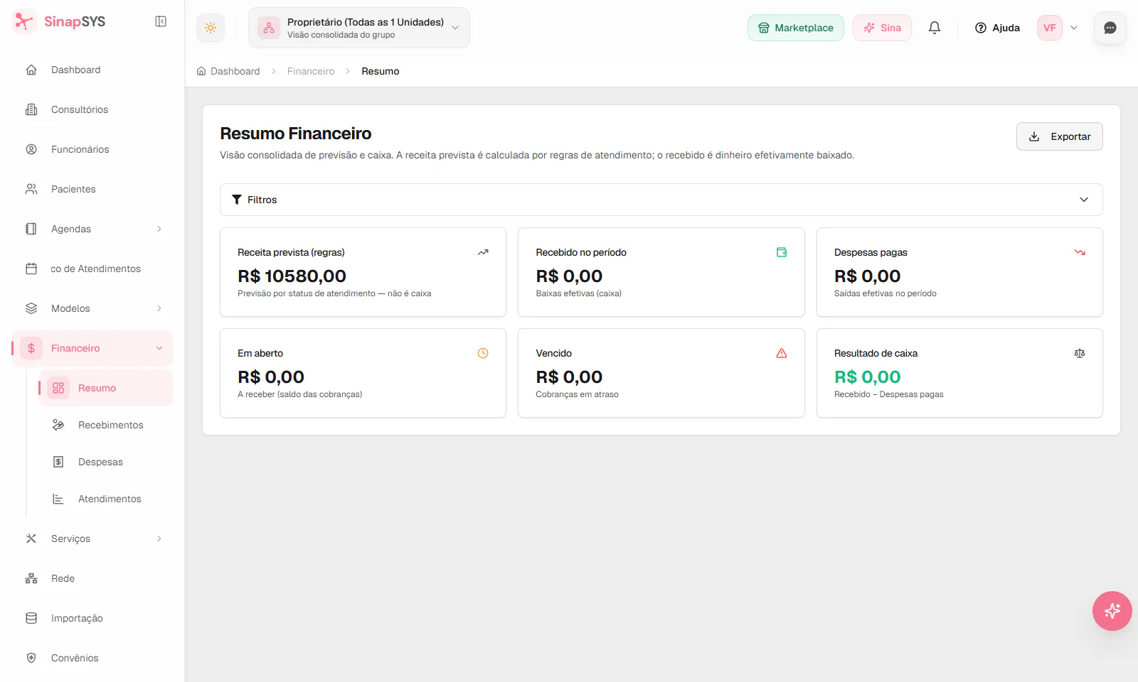 Tela de gestão financeira do SinapSYS